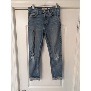 RE/DONE Originals 90s High Rise Ankle Crop Stretch Jeans Mid Wash Distressed 24